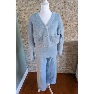 Fuzzy Cozy Blue Cardi Sweater Set Outfit Ski Kawaii Korean K Pop Soft Girl Sz S